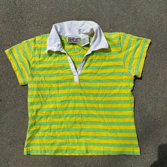 Y2K Bill Blass Neon Lemon Yellow Green Highlighter Striped Polo Shirt PM - Picture 1 of 5